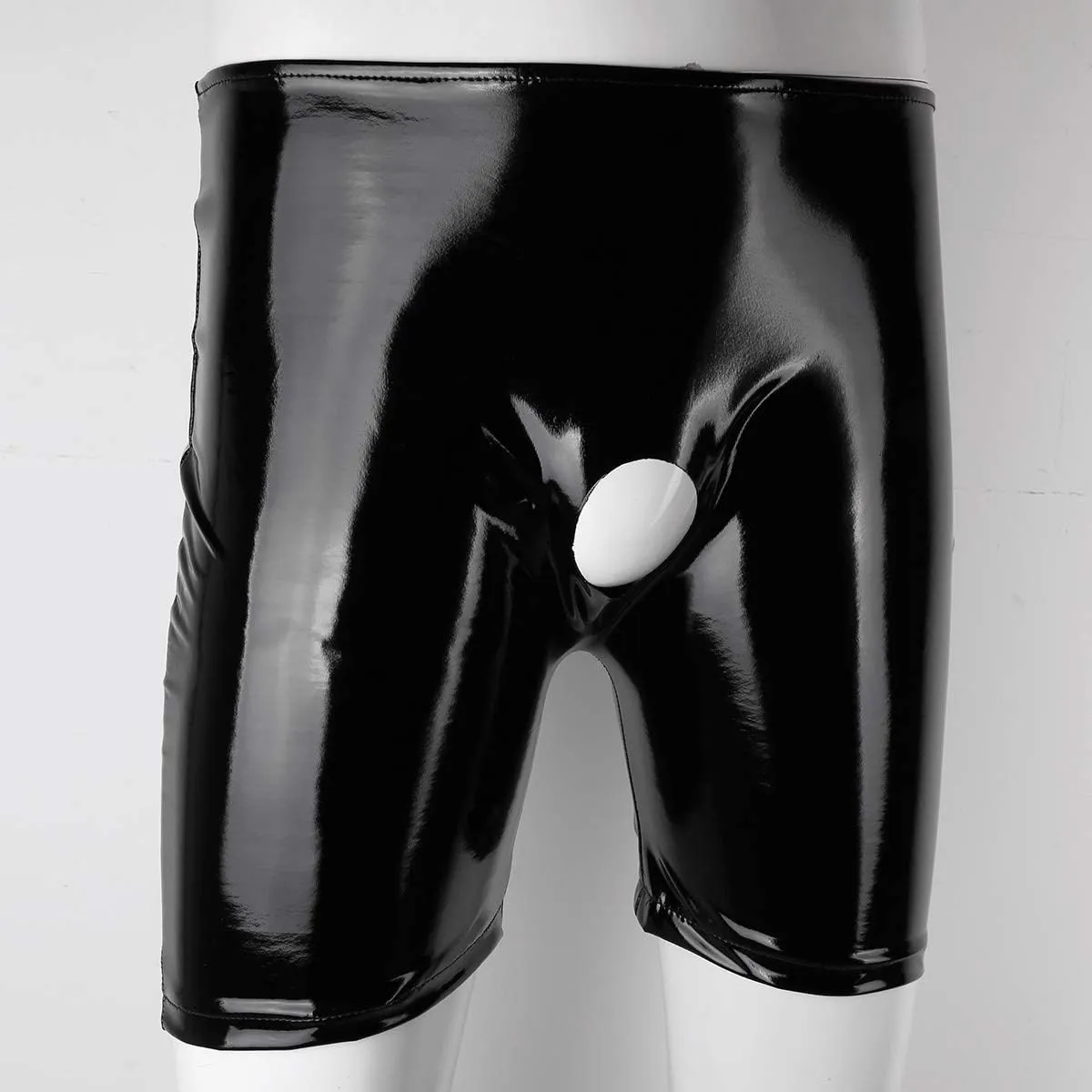 RENLIANG-CLOTH Mens Shiny Boxer Shorts Underwear Patent Leather Open Hole Long Leg Boxer Short Panties Rubber Pants