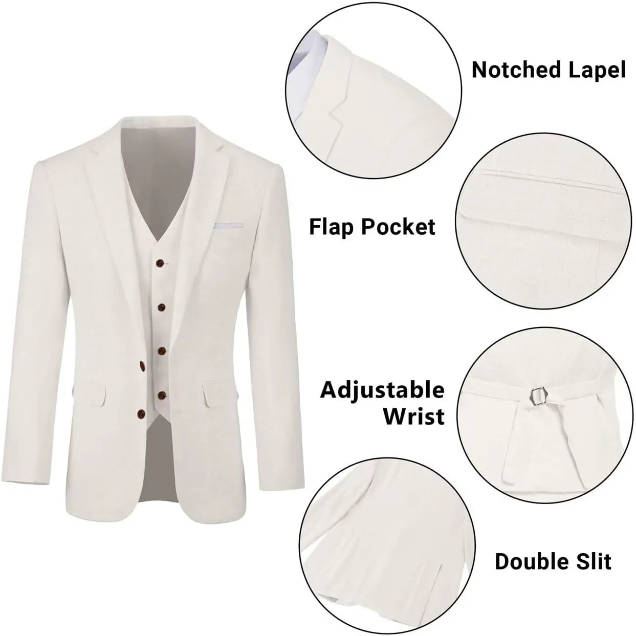 Retro Linen Mens Suit 3 Pieces Light Weight Linen Suit Linen Summer Slim Fit Suits Tuxedo Jacket Blazer Vest Pant for Men