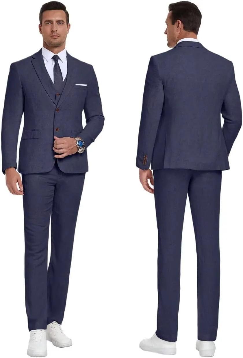 Retro Linen Mens Suit 3 Pieces Light Weight Linen Suit Linen Summer Slim Fit Suits Tuxedo Jacket Blazer Vest Pant for Men