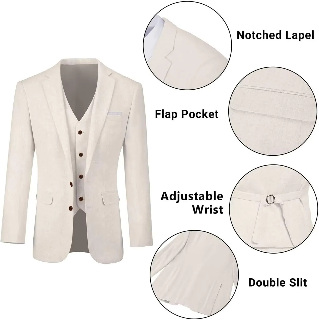 Retro Linen Mens Suit 3 Pieces Light Weight Linen Suit Linen Summer Slim Fit Suits Tuxedo Jacket Blazer Vest Pant for Men