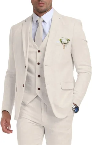 Retro Linen Mens Suit 3 Pieces Light Weight Linen Suit Linen Summer Slim Fit Suits Tuxedo Jacket Blazer Vest Pant for Men