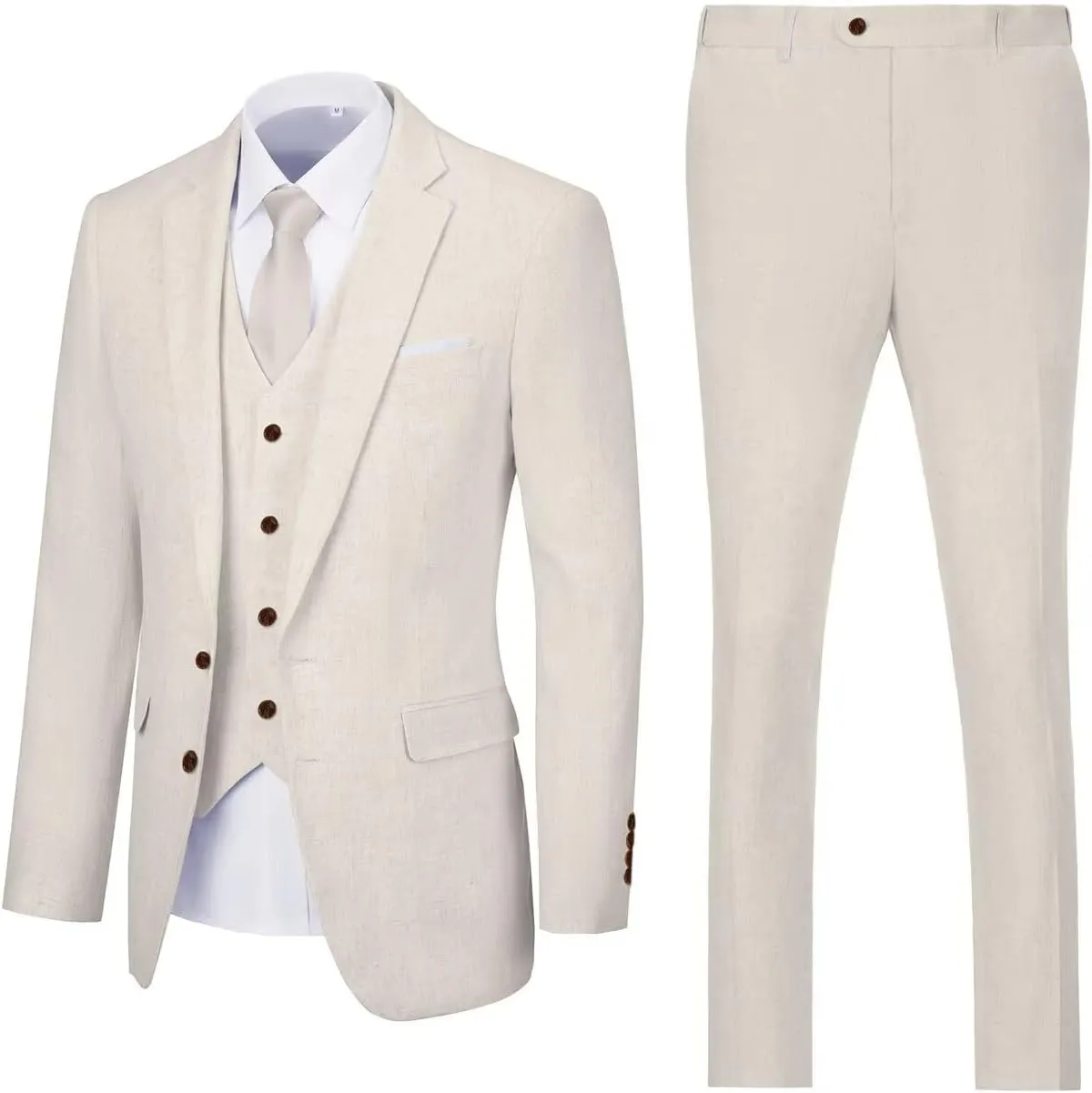 Retro Linen Mens Suit 3 Pieces Light Weight Linen Suit Linen Summer Slim Fit Suits Tuxedo Jacket Blazer Vest Pant for Men