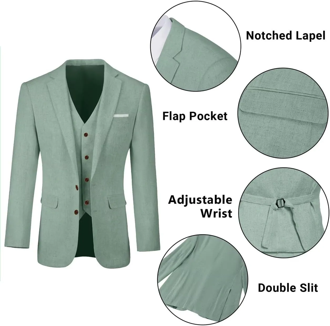 Retro Linen Mens Suit 3 Pieces Light Weight Linen Suit Linen Summer Slim Fit Suits Tuxedo Jacket Blazer Vest Pant for Men