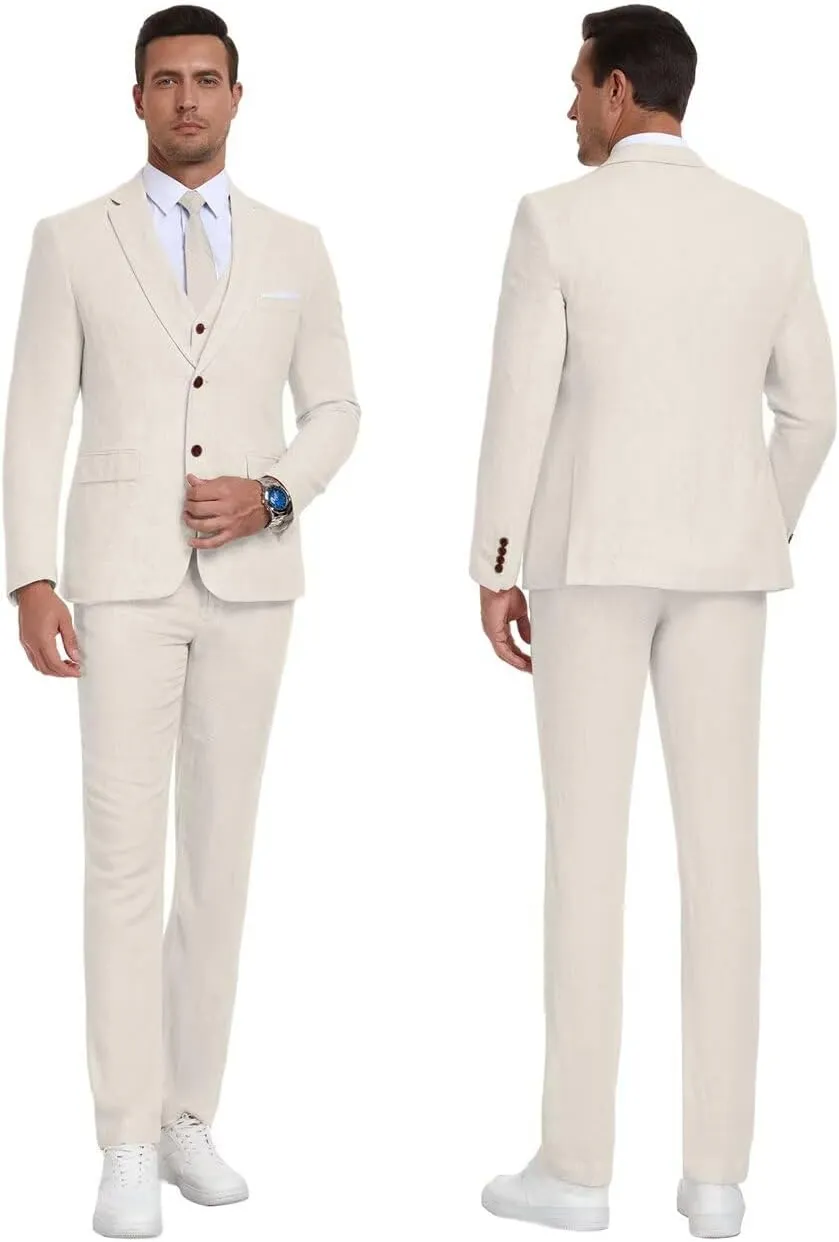Retro Linen Mens Suit 3 Pieces Light Weight Linen Suit Linen Summer Slim Fit Suits Tuxedo Jacket Blazer Vest Pant for Men