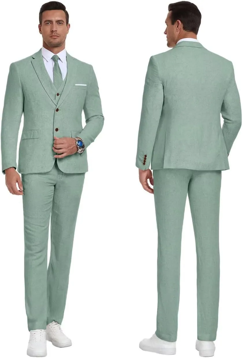 Retro Linen Mens Suit 3 Pieces Light Weight Linen Suit Linen Summer Slim Fit Suits Tuxedo Jacket Blazer Vest Pant for Men
