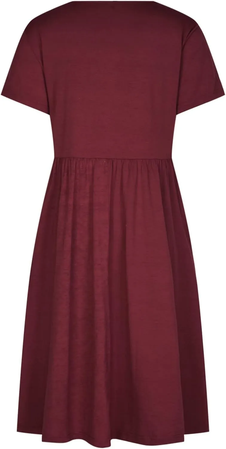 Ruziyoog Women's Casual Plain T-Shirt Dress Summer Dressy Crew Neck Short Sleeve Pleated Dresses Loose Pocket Midi Dress