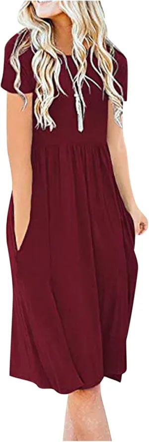 Ruziyoog Women's Casual Plain T-Shirt Dress Summer Dressy Crew Neck Short Sleeve Pleated Dresses Loose Pocket Midi Dress