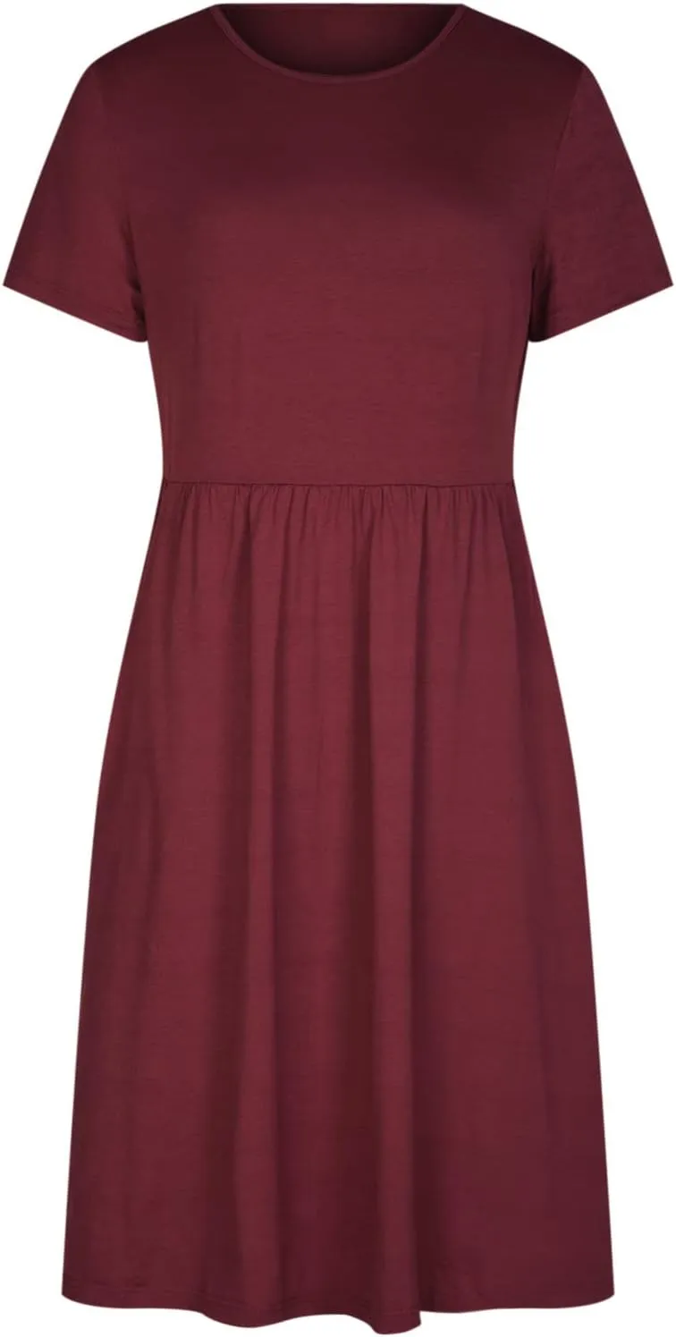 Ruziyoog Women's Casual Plain T-Shirt Dress Summer Dressy Crew Neck Short Sleeve Pleated Dresses Loose Pocket Midi Dress