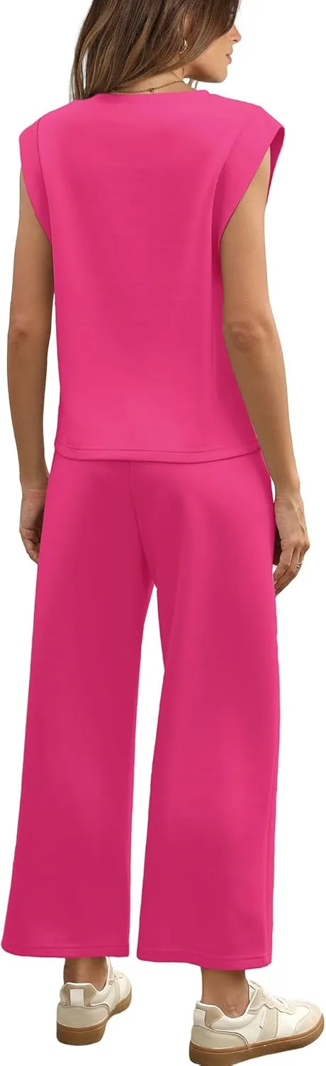 SAMPEEL Two Piece Sets for Women Casual Travel Vacation Outfits Summer Wide Leg Crop Pants Lounge Sets
