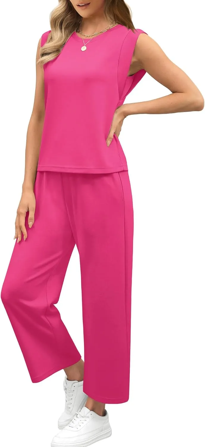 SAMPEEL Two Piece Sets for Women Casual Travel Vacation Outfits Summer Wide Leg Crop Pants Lounge Sets
