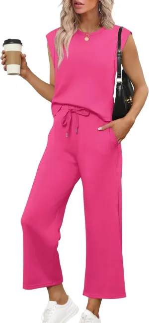 SAMPEEL Two Piece Sets for Women Casual Travel Vacation Outfits Summer Wide Leg Crop Pants Lounge Sets