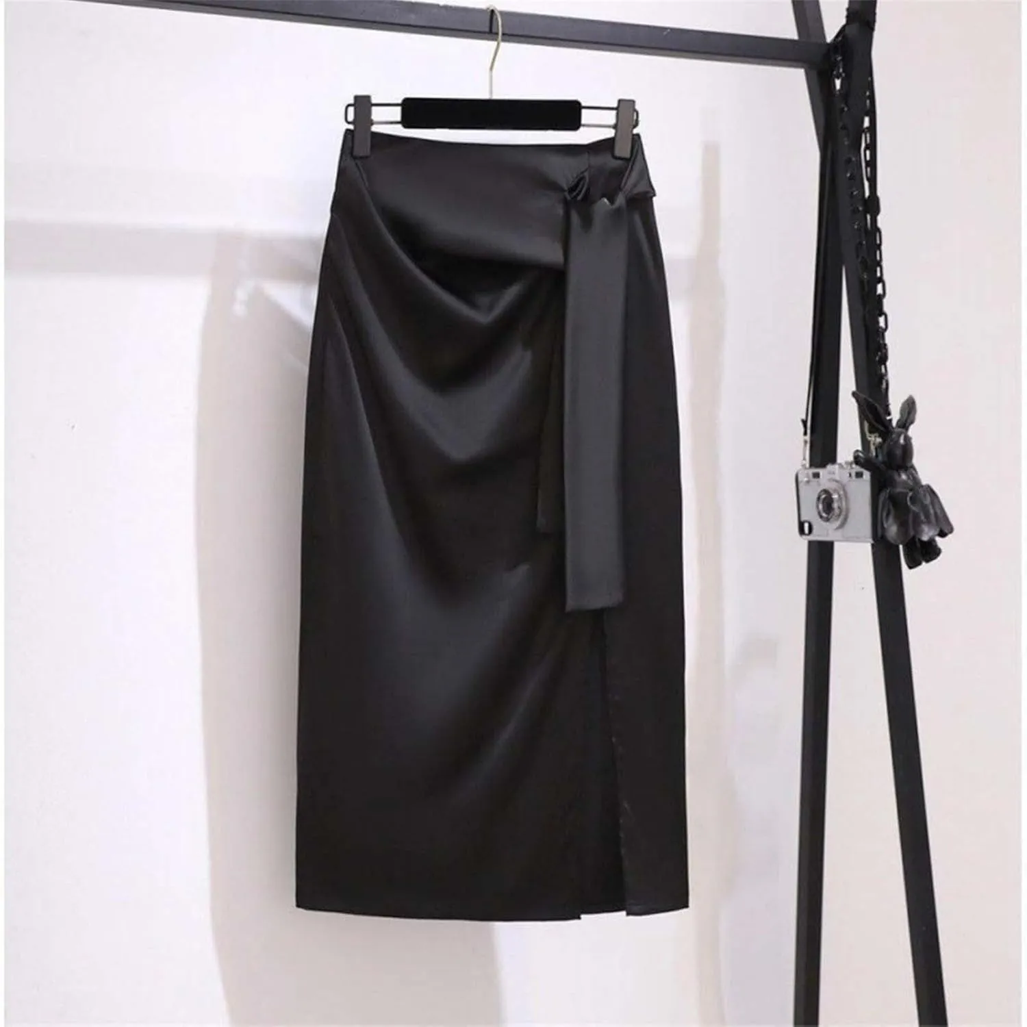 Satin Silk Side Slit Maxi Skirt High Waisted Elastic Waist Split Long Skirts Ruffled Dress for Women