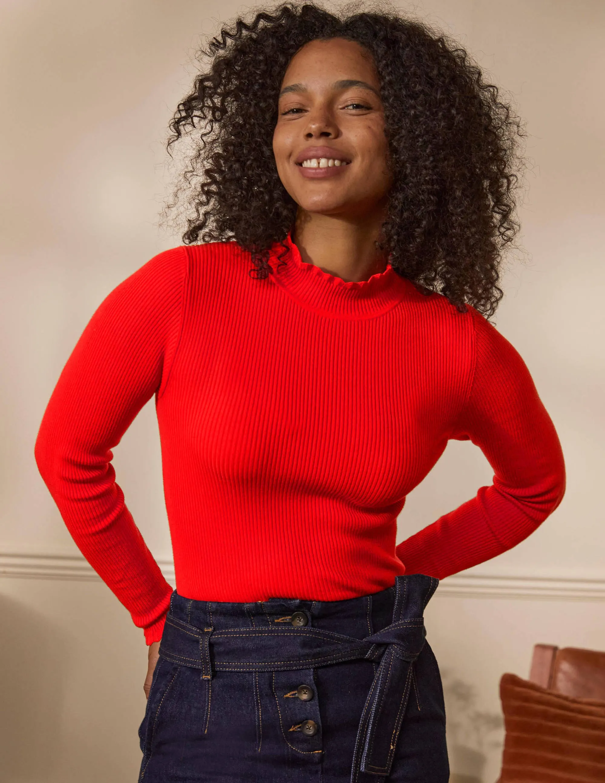 Scallop High Neck Jumper-Cherry Red