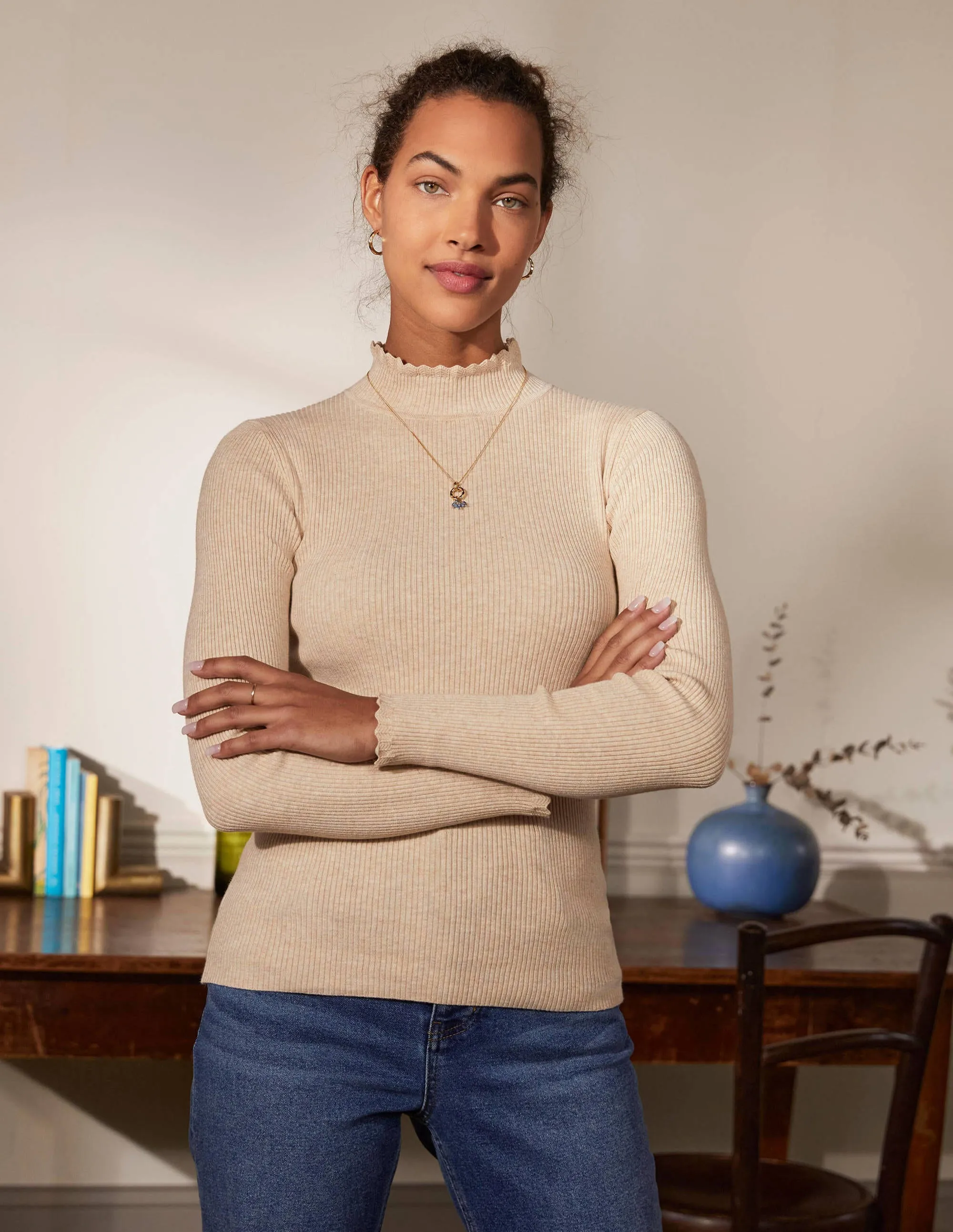 Scallop High Neck Jumper-Oatmeal Melange