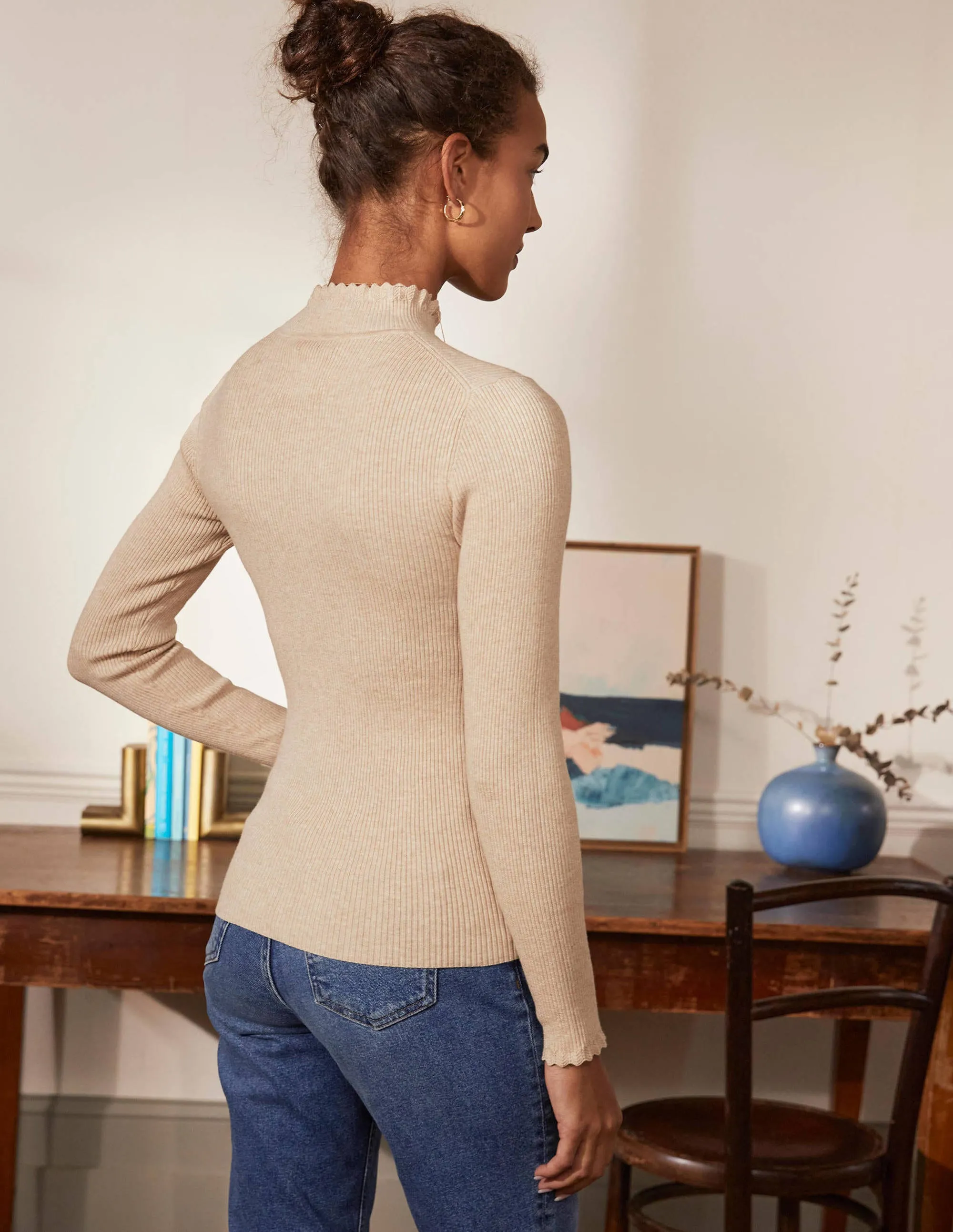 Scallop High Neck Jumper-Oatmeal Melange