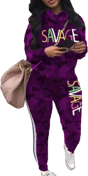 Sexyshine Women's Casual 2 Piece Camouflage Letter Print Outfits Pullover Sweatshirt Tops Long Pants Tracksuits Set Plus Size