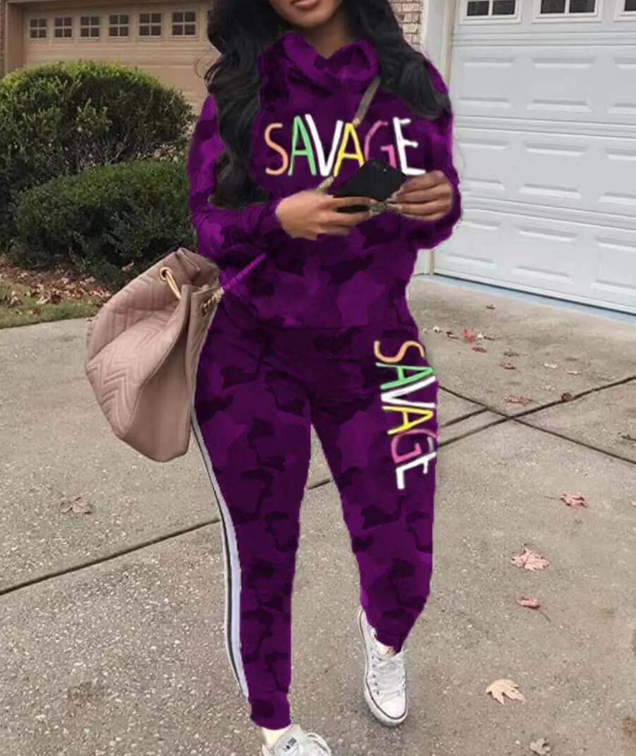 Sexyshine Women's Casual 2 Piece Camouflage Letter Print Outfits Pullover Sweatshirt Tops Long Pants Tracksuits Set Plus Size