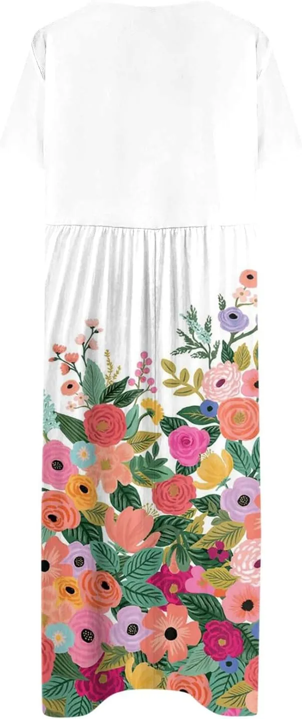 SGASY Summer Dresses for Women 2024 Short Sleeve High Waist Floral Pockets Sun Dress Plus Size Dresses for Curvy Women