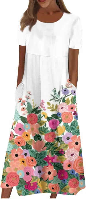 SGASY Summer Dresses for Women 2024 Short Sleeve High Waist Floral Pockets Sun Dress Plus Size Dresses for Curvy Women