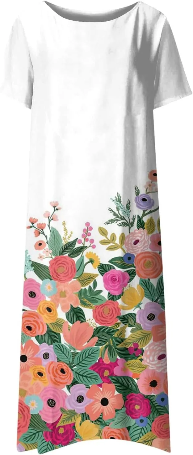 SGASY Summer Dresses for Women 2024 Short Sleeve High Waist Floral Pockets Sun Dress Plus Size Dresses for Curvy Women