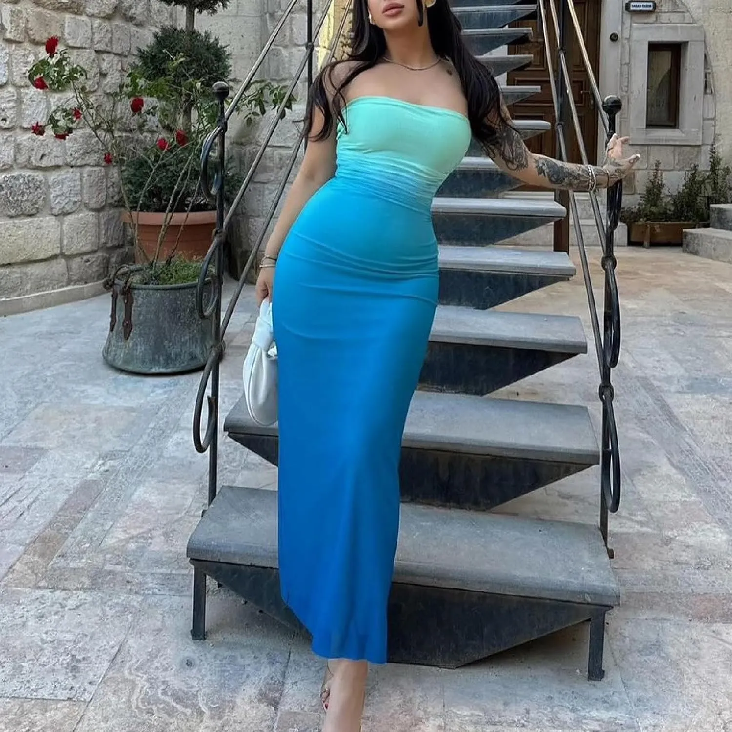 Sinzelimin Cocktail Dresses for Womens Trendy Gradient Bodycon Bandeau Midi Dress Sexy Sleeveless Curvy Women Pleated Dress