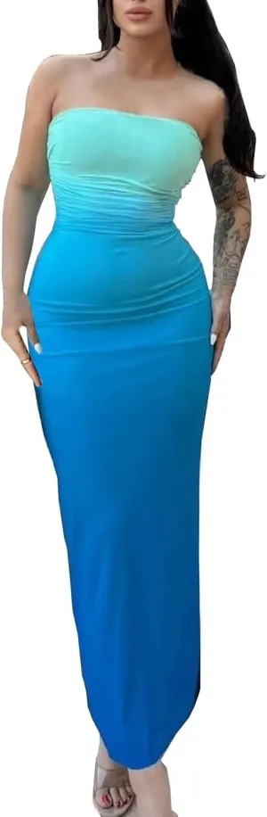 Sinzelimin Cocktail Dresses for Womens Trendy Gradient Bodycon Bandeau Midi Dress Sexy Sleeveless Curvy Women Pleated Dress