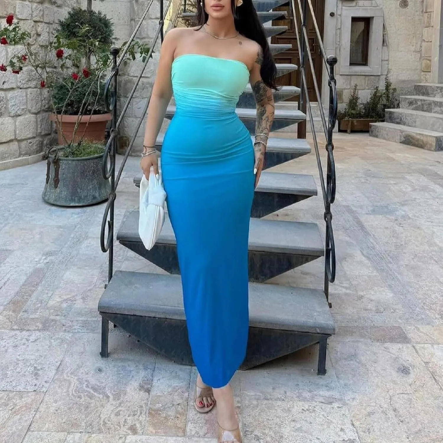 Sinzelimin Cocktail Dresses for Womens Trendy Gradient Bodycon Bandeau Midi Dress Sexy Sleeveless Curvy Women Pleated Dress