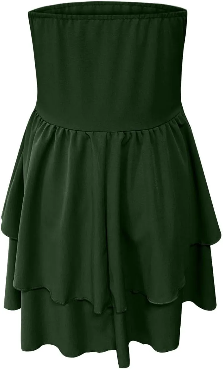 Sinzelimin Womens Sexy Bandeau Mini Dresses Fashion Solid Layered Ruffles Pleated A-Line Short Dress Summer Beach Sundress