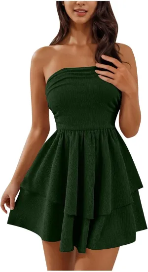 Sinzelimin Womens Sexy Bandeau Mini Dresses Fashion Solid Layered Ruffles Pleated A-Line Short Dress Summer Beach Sundress