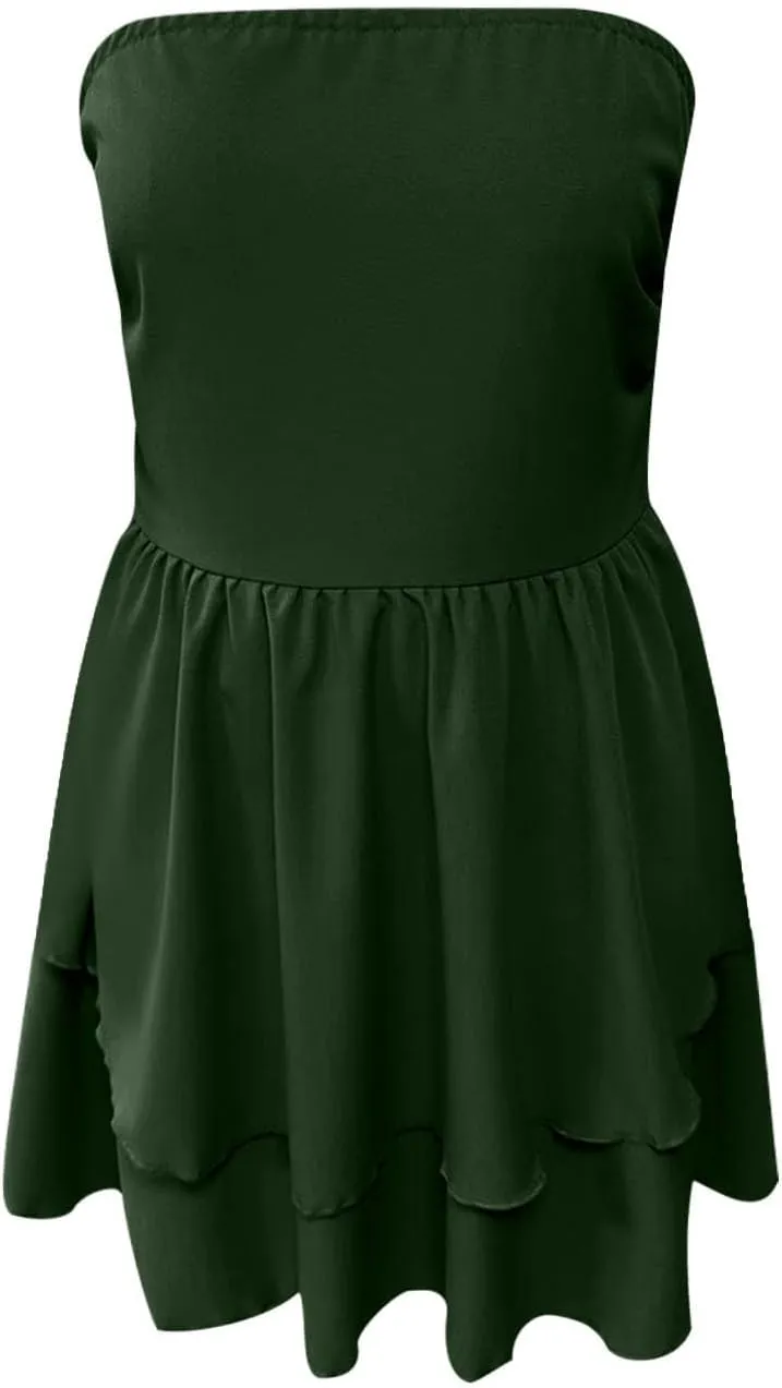 Sinzelimin Womens Sexy Bandeau Mini Dresses Fashion Solid Layered Ruffles Pleated A-Line Short Dress Summer Beach Sundress