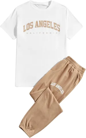 SOLY HUX Men's Tracksuits 2 Piece Outfits Letter Graphic Short Sleeve Tee and Sweatpants Set