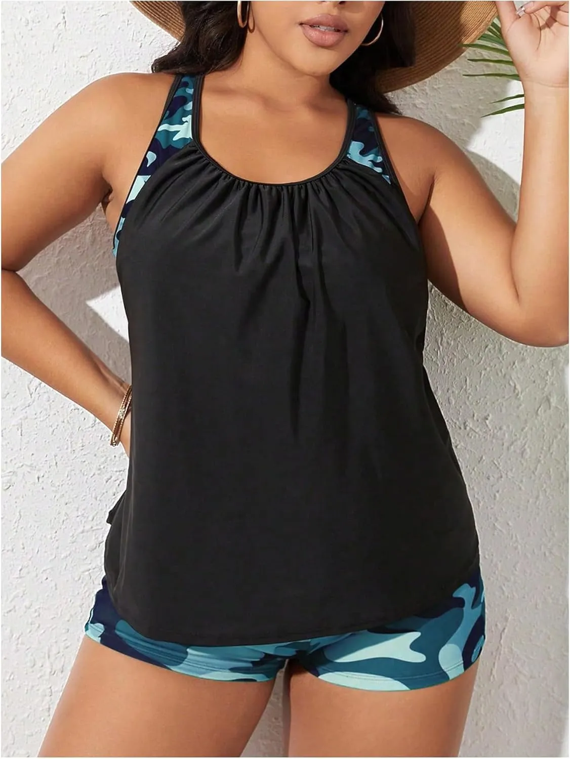 SOLY HUX Women's Plus Size Tankini Set Floral Print Tops and Shorts Bikini Bathing Suits 2 Piece Swimsuit