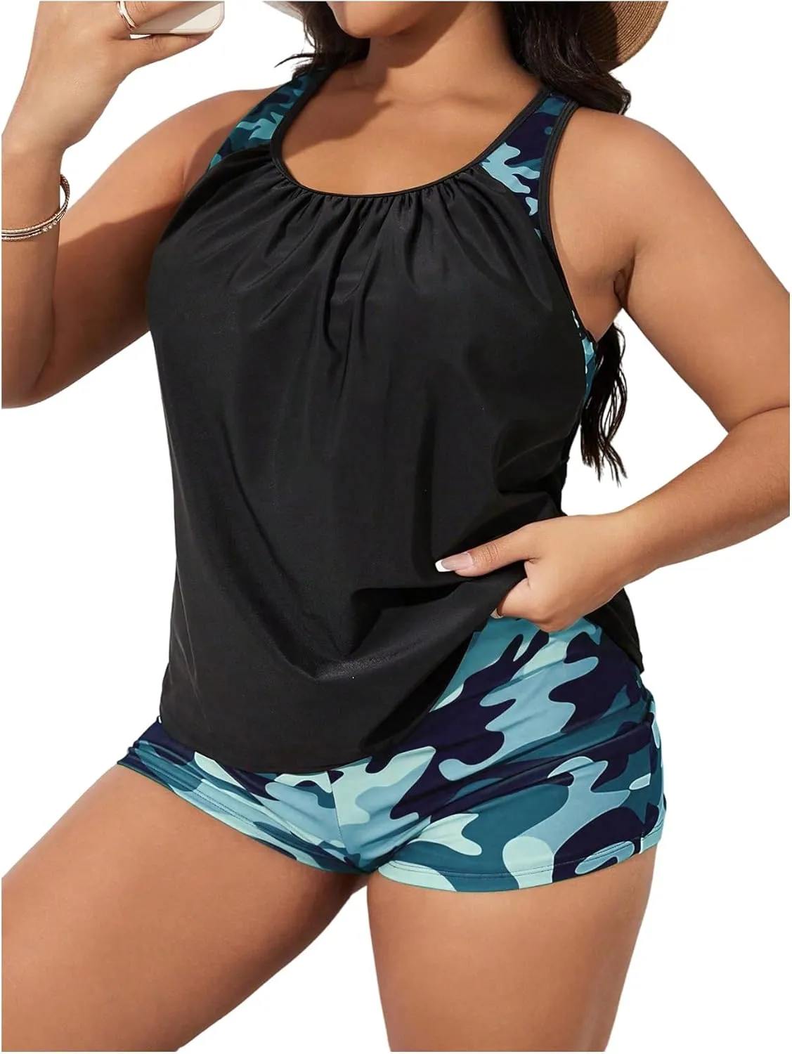 SOLY HUX Women's Plus Size Tankini Set Floral Print Tops and Shorts Bikini Bathing Suits 2 Piece Swimsuit