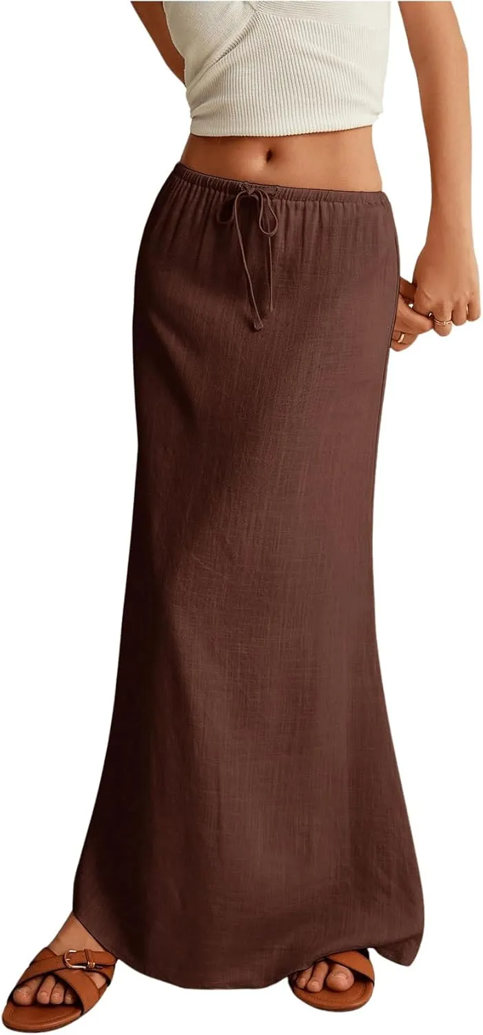 SOLY HUX Women's Summer Maxi Skirt Drawstring Low Waist A Line Casual Skirts