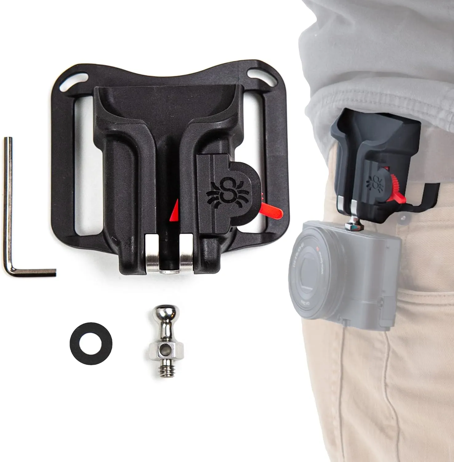 Spider Holster - BlackWidow Camera Holster   Pin - Self locking holster for carrying a light weight camera from any belt!
