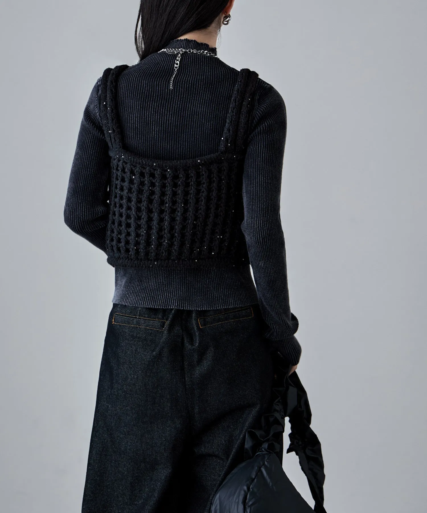 Stone wash high-neck rib knit