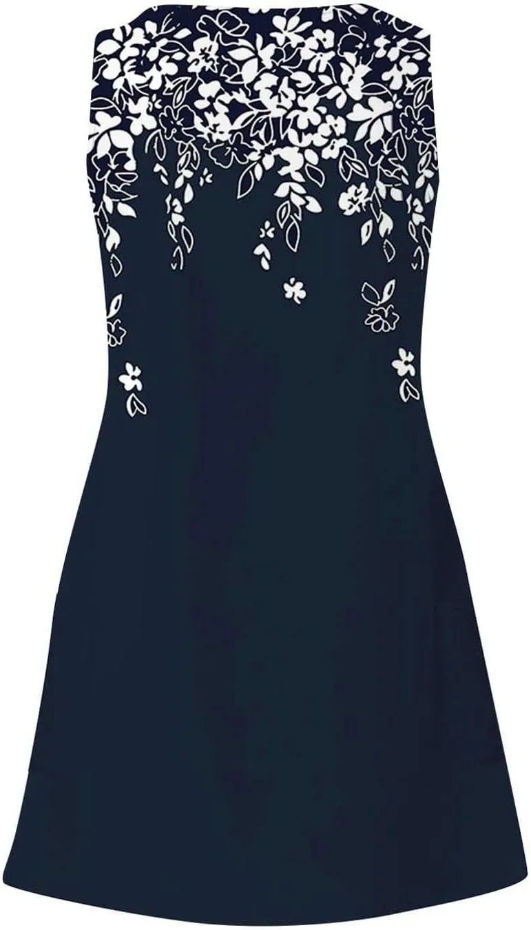 Summer Dresses for Women 2024 Women's Beach Casual Sleeveless Floral Print Boho Tank Dress Loose Sundress with Pocket