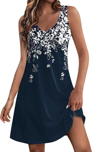 Summer Dresses for Women 2024 Women's Beach Casual Sleeveless Floral Print Boho Tank Dress Loose Sundress with Pocket