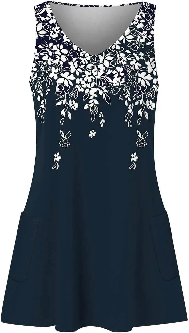 Summer Dresses for Women 2024 Women's Beach Casual Sleeveless Floral Print Boho Tank Dress Loose Sundress with Pocket