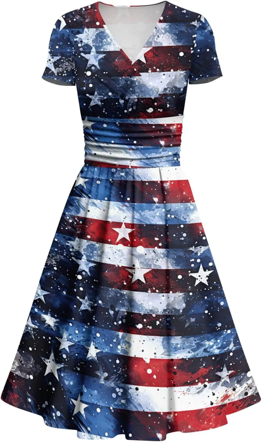 Summer Dresses for Women 2025 4th of July Dress Patriotic American Flag Dress Casual Beach Boho Vintage Midi Dresses