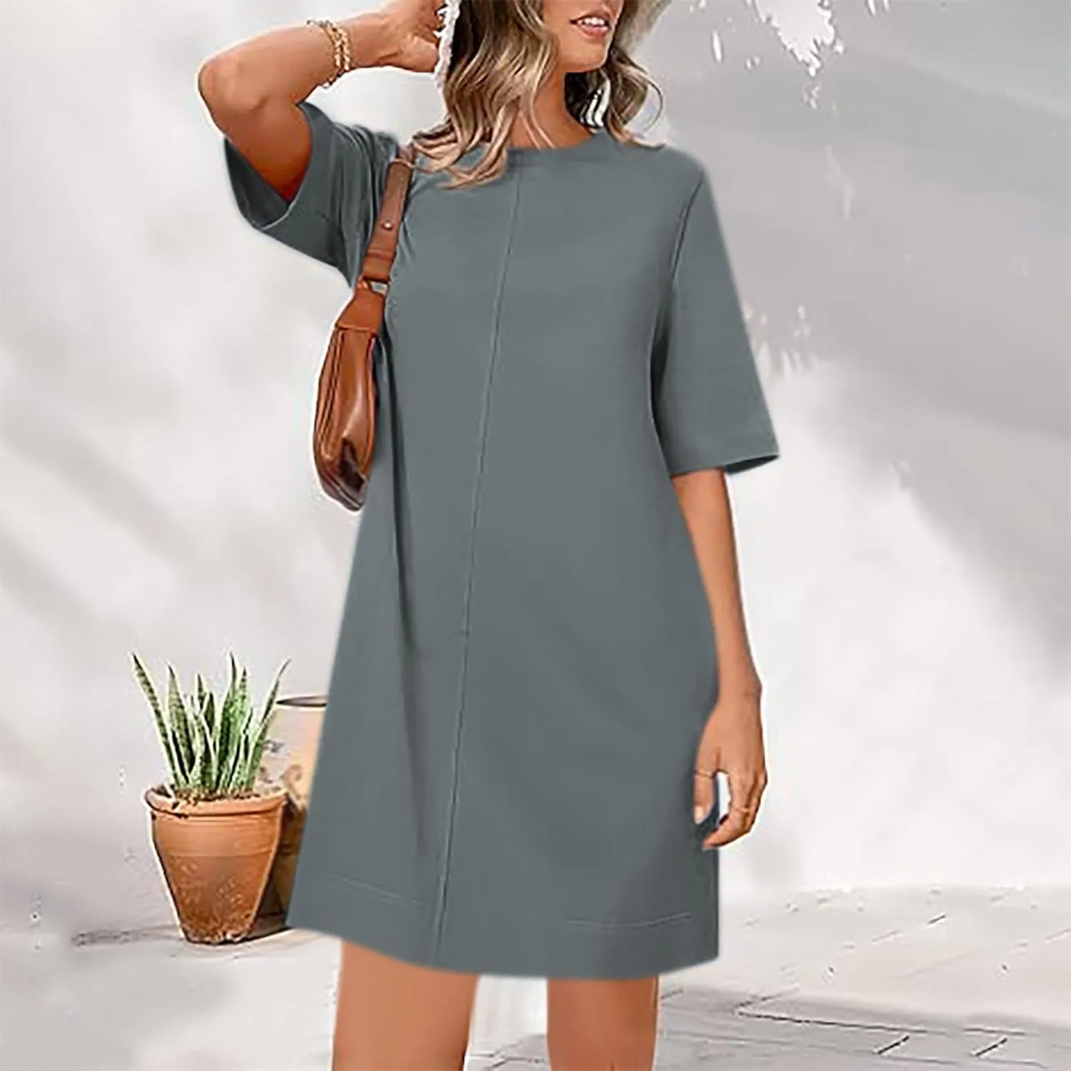 Summer Dresses for Women 2025 Casual Short Sleeve Solid Color Sundress Loose Fit Round Neck Vacation Beach Dress