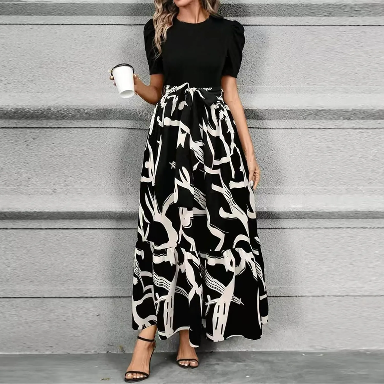 Summer Dresses for Women 2025 Casual V-Neck Tshirt Dress Aline Beach Midi Dresses Floral Flowy Short Sleeve Dress