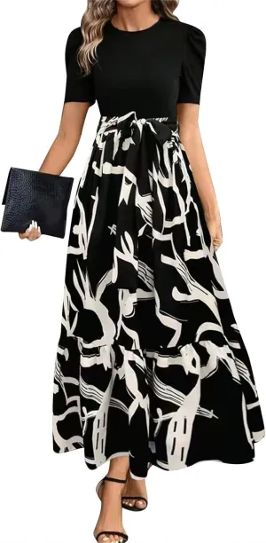 Summer Dresses for Women 2025 Casual V-Neck Tshirt Dress Aline Beach Midi Dresses Floral Flowy Short Sleeve Dress