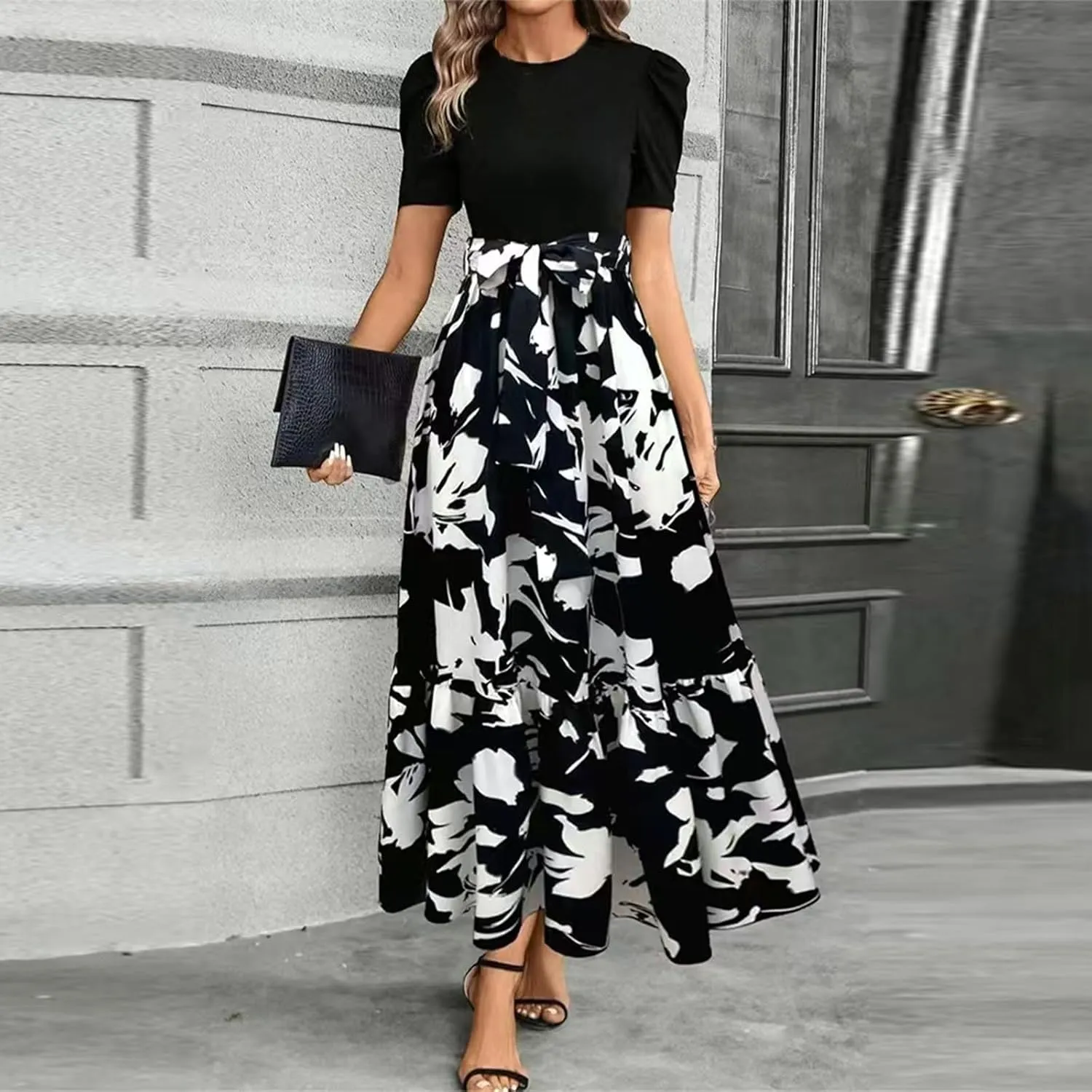 Summer Dresses for Women 2025 Casual V-Neck Tshirt Dress Aline Beach Midi Dresses Floral Flowy Short Sleeve Dress
