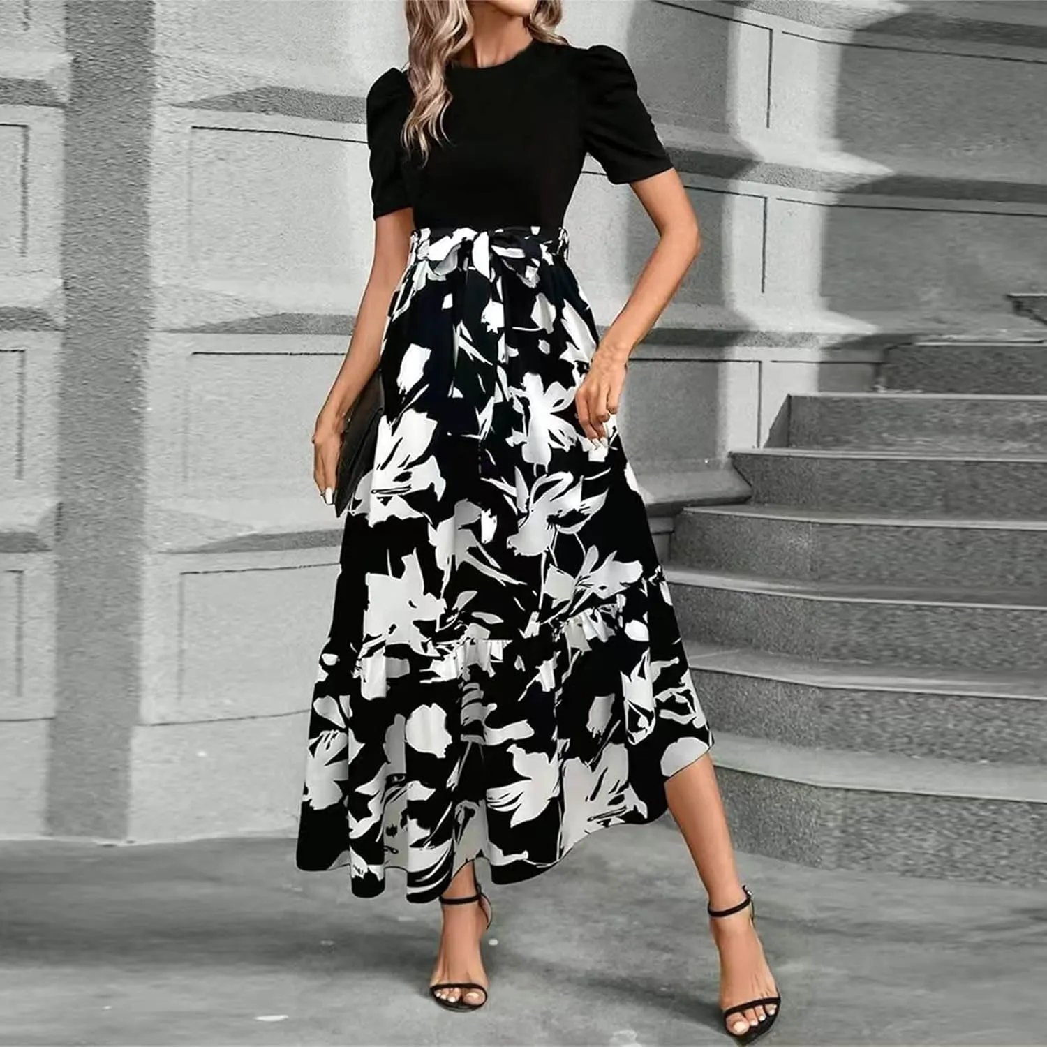 Summer Dresses for Women 2025 Casual V-Neck Tshirt Dress Aline Beach Midi Dresses Floral Flowy Short Sleeve Dress