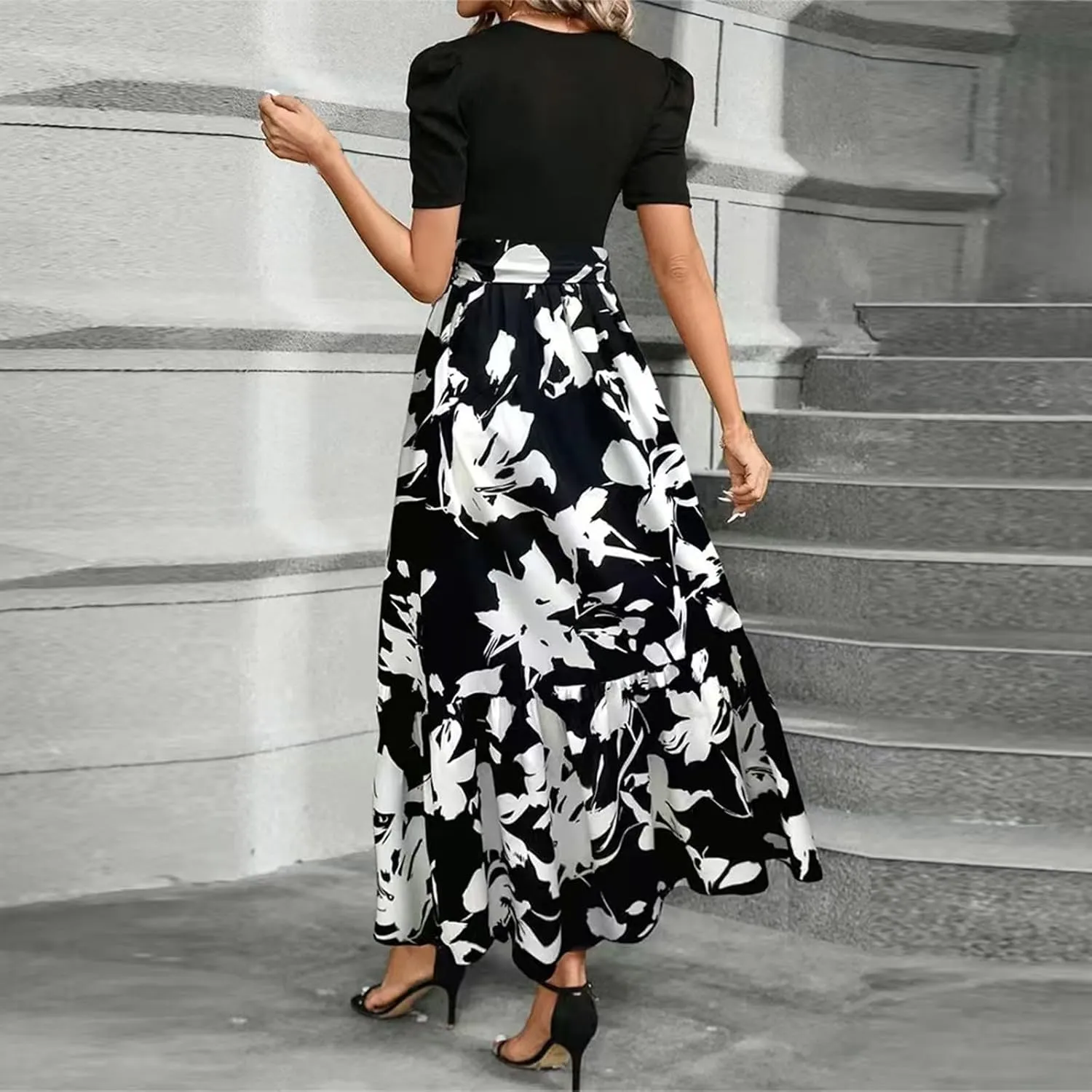 Summer Dresses for Women 2025 Casual V-Neck Tshirt Dress Aline Beach Midi Dresses Floral Flowy Short Sleeve Dress