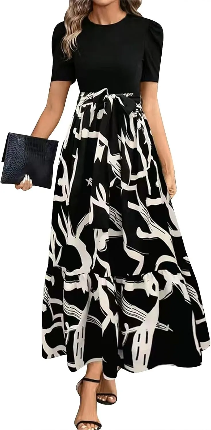 Summer Dresses for Women 2025 Casual V-Neck Tshirt Dress Aline Beach Midi Dresses Floral Flowy Short Sleeve Dress