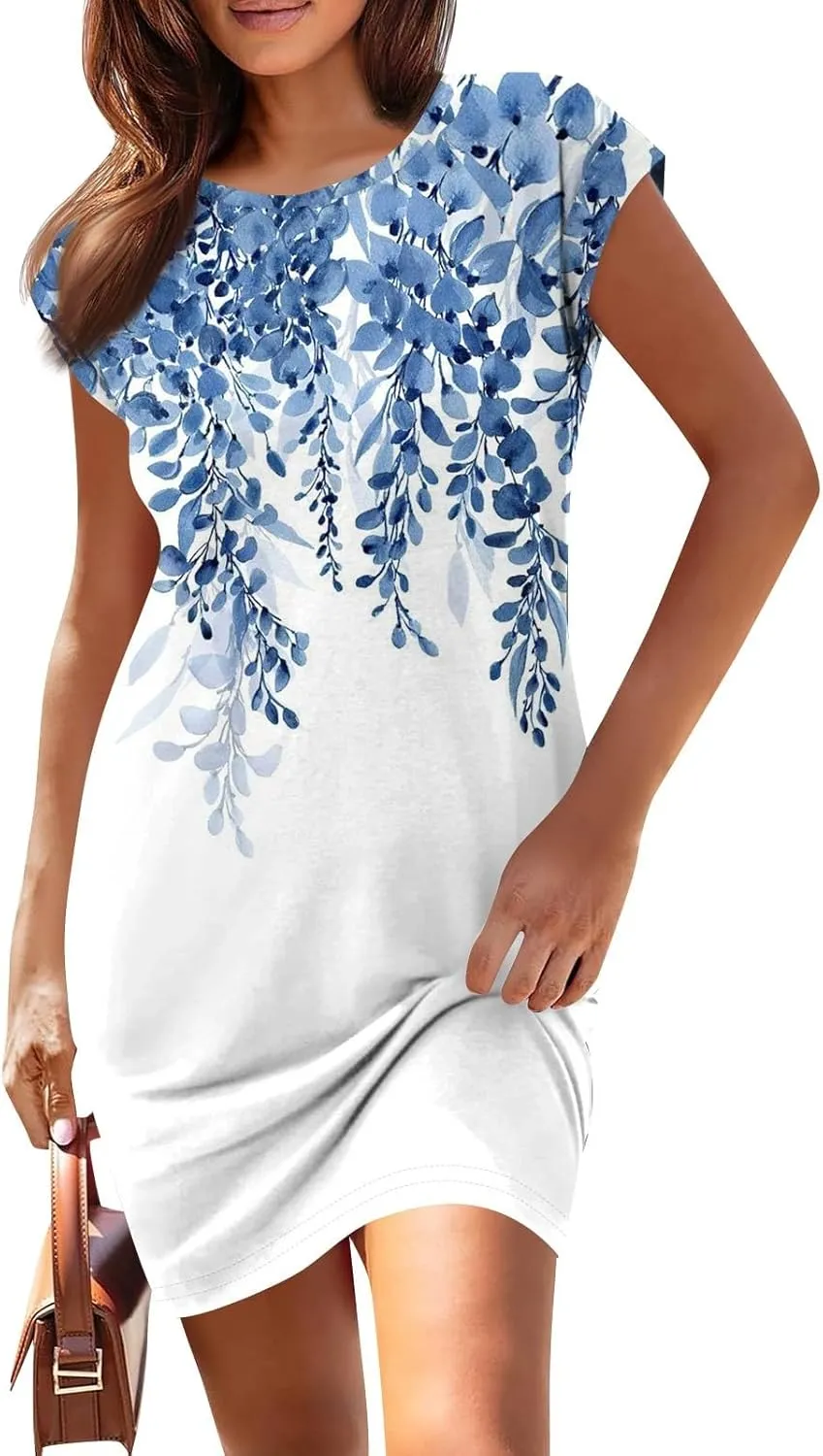 Summer Dresses for Women 2025 Print Short Sleeve T Shirt Dress Casual Cap Sleeve O Neck Loose Shift Mini Dresses