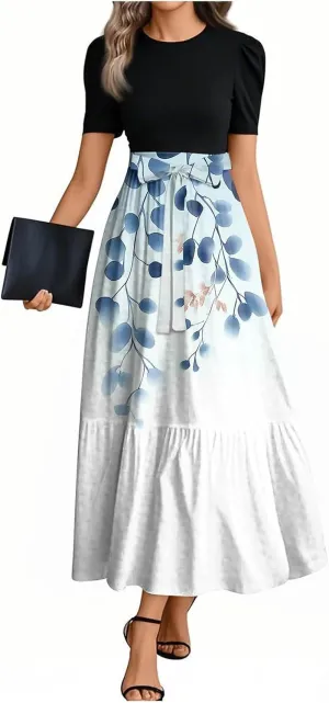 Summer Dresses for Women 2025 Short Sleeve Long Sundress Flowy Floral Maxi Dress Patchwork Ruffle Hem a Line Dress