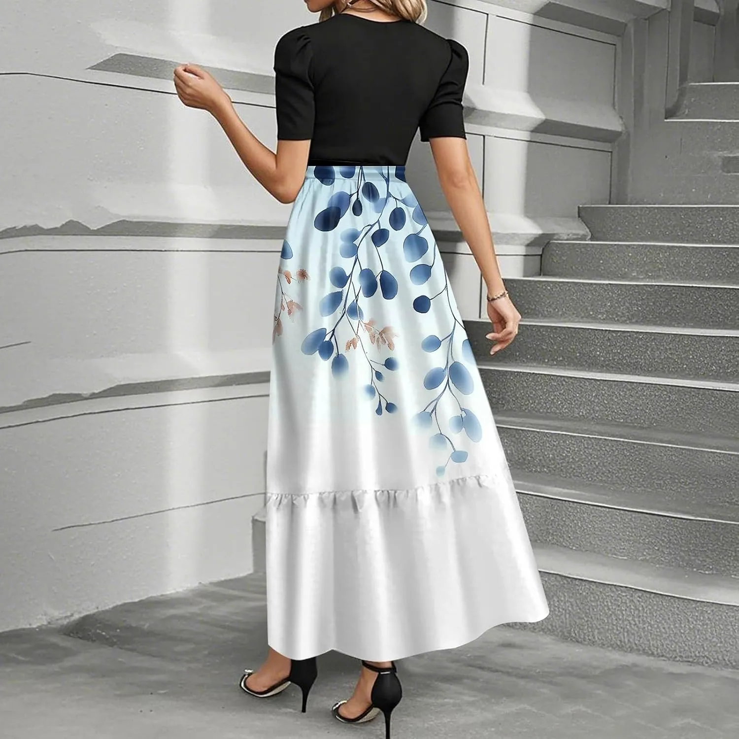 Summer Dresses for Women 2025 Short Sleeve Long Sundress Flowy Floral Maxi Dress Patchwork Ruffle Hem a Line Dress